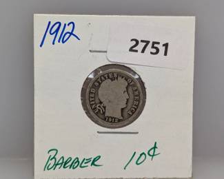 1912 90% Silver Barber Dime