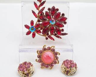 16 DazzlingRedRhinestoneBroochandPinkRhinestoneEarringPinSet