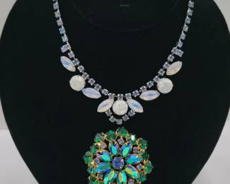 100 MidCenturyGreenRhinestoneBroochBlueRhinestoneNecklace