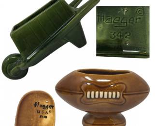 54 VintageRoyalHaegerPotteryWheelbarrowPlanterFootballBowl