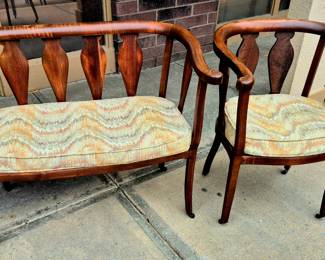Much antique and vintage furniture. Antique matching curved-back settee and chair