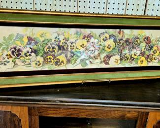 Much framed artwork. Vintage yardlong Grace Barton Allen "Pansies"