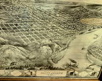 Framed copy of the lithograph of "Bird's Eye View of the City of Saint Joseph, Missouri 1868" by Albert Ruger