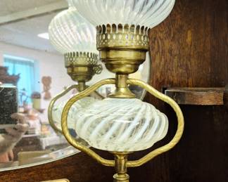 Fenton French Swirl opalescent table lamp. Vintage New Testament U. S. Army Bible and "Wolliams and Tymon Jewelers and Opticians 508 Edmond St., St. Joseph, Mo" glasses