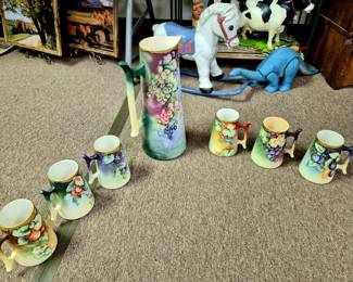 7 pcs. Belleck porcelain tall tankard w/ 6 matching small tankas