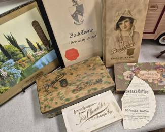 "Seitz Packing and Mfg. Lovers Lane Brands" thermometer, "Douglas Candy", "Sommer-Richardson Fine Chocolates", "Doniphan and Co. High Grade Candies", "Mokaska Coffee" fan and Beta Theta Pi Fraternity "Jack Tootle February 25, 1939" letter University of Missouri