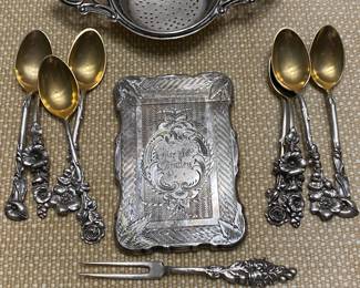 Reed Barton, Sterling Demitasse spons, Victorian Sterling calling card holder, sterling tea strainer.