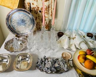 Bamboo motif, silver plate, serving items, luscious vintage linens, large Fenton Americana glass round tray