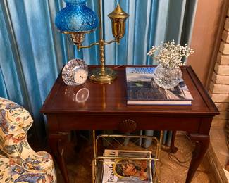 Vintage brass lamp, brass magazine, rack,