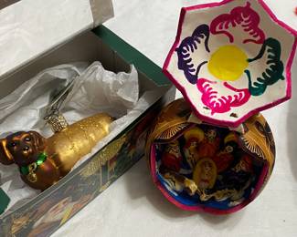 Vintage dachshund glass Christmas ornament, vintage Mexican folknart gourd nativity