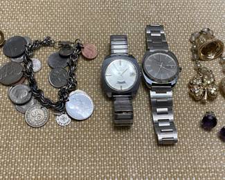 Helbros vintage watches, vintage 1950s European coin bracelet, old Mexico keychain