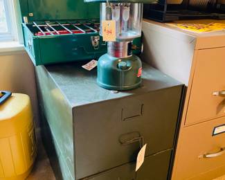 Industrial metal drawers, old filing cabinet cabinets, Vintage, Coleman lantern and stove