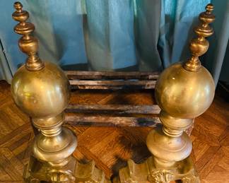 Incredibly heavy, brass antique, and Irons with Lyons faces, full brass, spherical tops includes heavy iron grates