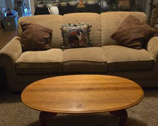 Tan Couch with Oak Coffee Table