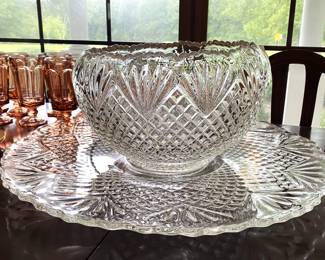 L E Smith Glass Co. "Pineapple" punch bowl, tray and cups