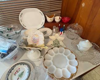 Fire King egg plate and Serving Plate, Christmas dishes, Glass Pumpkin, Salt & Pepper sets
