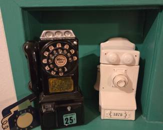 Vintage phone, bank, and cookie jar