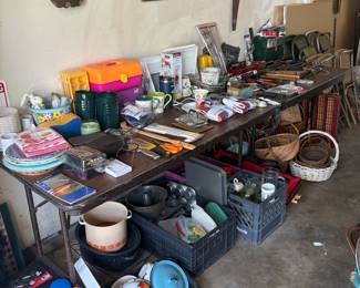 Garage- Weights, bakeware, pots, enamel ware