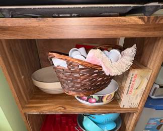 Rolling cart, enamel colanders, silverware holders