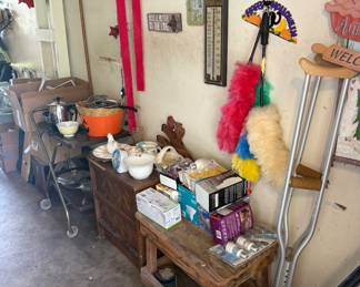 Stoles, fishing stuff, camping items, thermometers