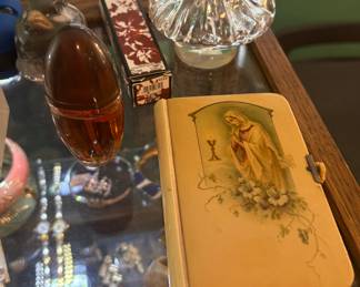 Antique Bible, signed glass mushroom, perfume