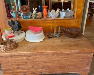 Cedar Trunk, Vintage Tupperware , Vintage Coke Bottle holder, Orange vases