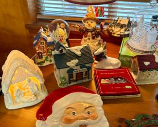 Santa Face dish, snowman lamp, nativity lamp