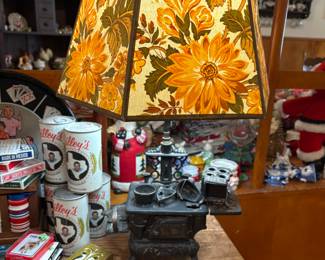 Crescent cast iron stove lamp, Gilley’s Beer Cans, Cards