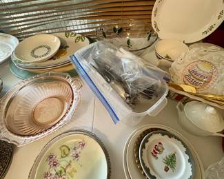 Hand painted plates, Bags of Stainless flatware, Mayfair Pink Bowl