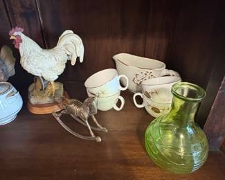 Brass rocking horse, Rooster, green vase