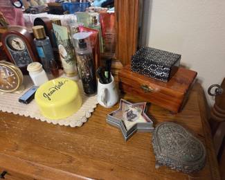 Perfume, wooded jewelry boxes, alarm clocks