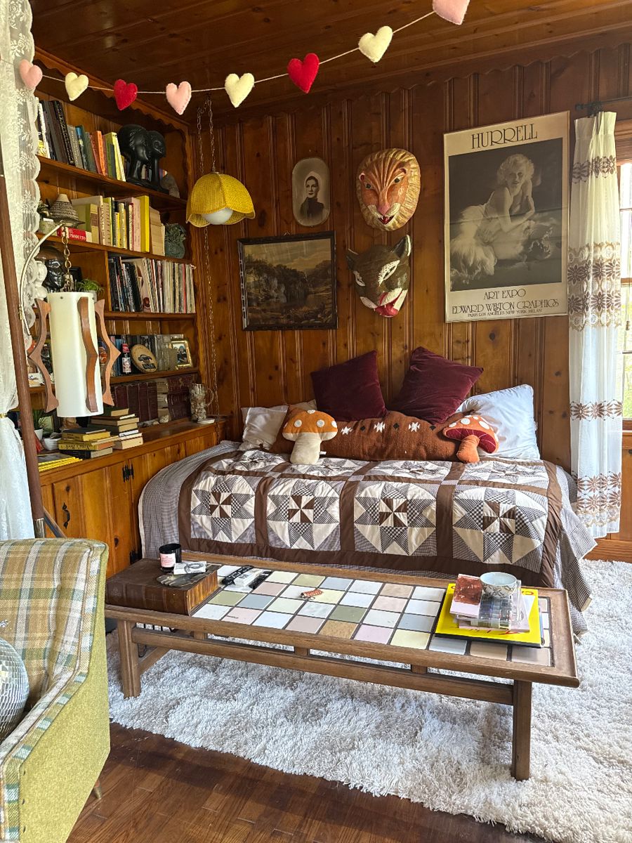 MCM Coffee Table, Mid Century Tension Rod Lamp, Wicker basket swag lamp, bookshelf full of unique books