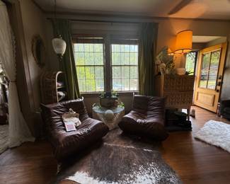 Togo Style Chairs, postmodern tessellated stone coffee table, Detailed Swag lamp, Mirror clock