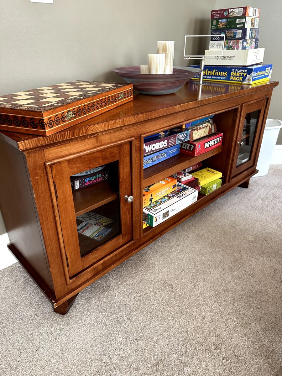 Storage credenza with glass front cupboards and open shelves. - NOT DISCOUNTED ON SUNDAY