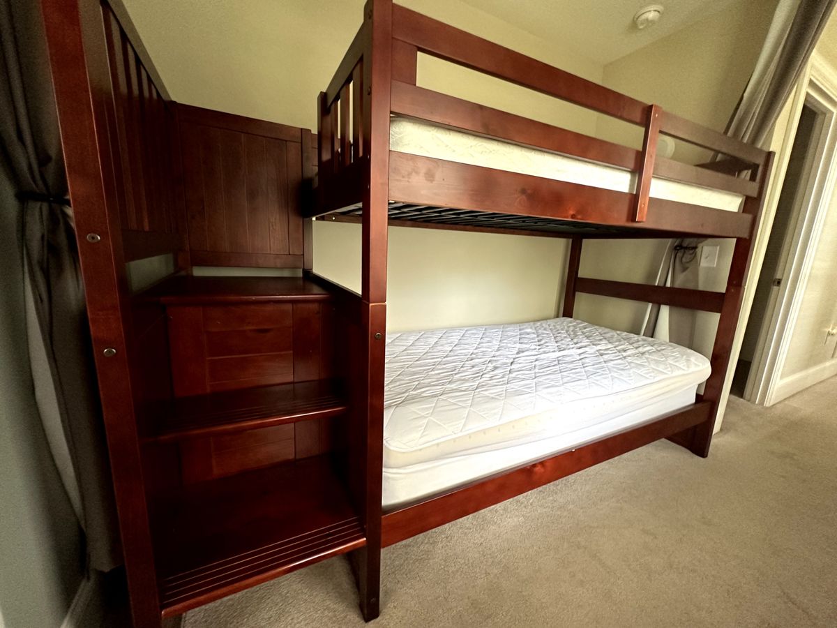 Bunk beds with steps, drawer units and 2nd level guard rail. Mattresses free with purchase of bed.