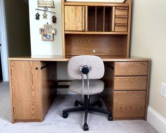Oak Desk with drawers and lockable storage. Chair, and removable matching top storage shelves.