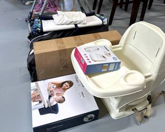 Child booster seat, high chair, pack n'play with infant insert as well. Portable feeding chair for travel.