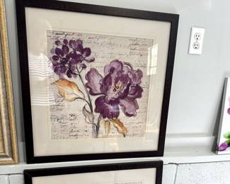 Gorgeous art work in various themes and colors. Floral, eagles, children's room, and formal theme pictures beautifully framed.