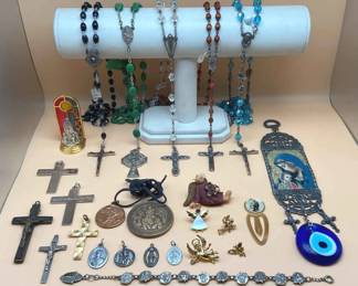 Religious Lot Rosaries Pendants  Pins