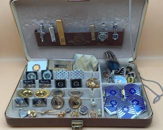 Vintage Mens Shields Jewelry Case Full With Cufflinks, Tie Bars More