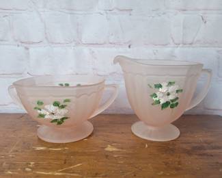 Vintage Anchor Hocking Mayfair Rose creamer and sugar pink frosted glass.