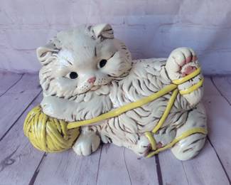 Vintage large ceramic cat with ball of yarn.