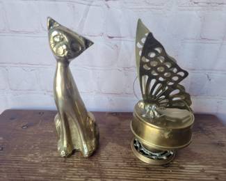 Brass cat and brass butterfly music box.
