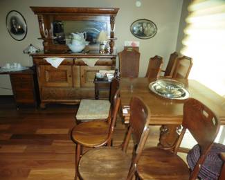 Antique Table, Chairs , Side Board and Oval Metal Frames with Pictures