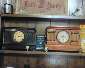 Two **8 Day Clocks (working), Framed Needlepoint, Vintage Camel Advertising with Thermometer, Kitty and US Constitution.