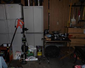 Storage Cabinetsm Edger, Metal Detector, Pots and Pans, Cane, ETC