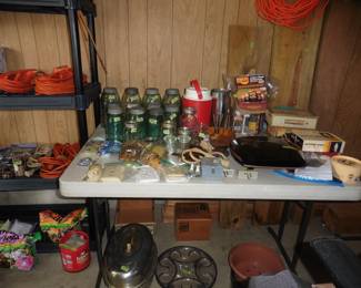 Vintage Mason Jars, Roaster, George Foreman Grill, Cigar Boxes, Power Cords, etc