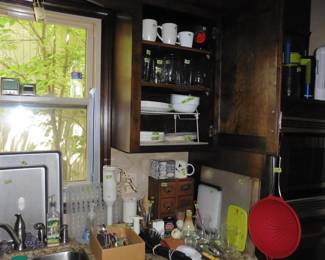 Corningware, Baking Sheets, Silverware (plate) , Wooden Card Cabinet and Cutting Boards, etc