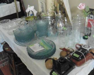 Vintage Anchor Hocking Bubble Glass, 2 Vintage Kodak Cameras, Vase, Silver Tea Pot (plate) Silver Ice Bucket (plate) etc