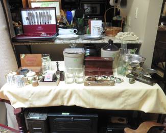 Crocks, Silverware with case (plate) Wooden Cigar box, Ammo Box, Vintage Metal Bread Box, Vintage Scale , Silver Bowl, etc